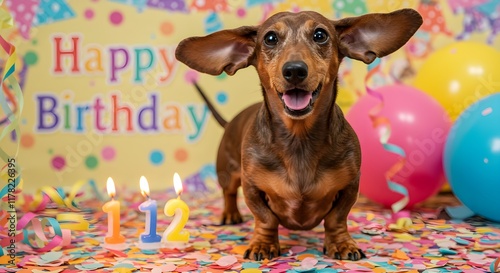 Dog wearing party or Birthday hat with cake, candles and confetti, Birthday concept