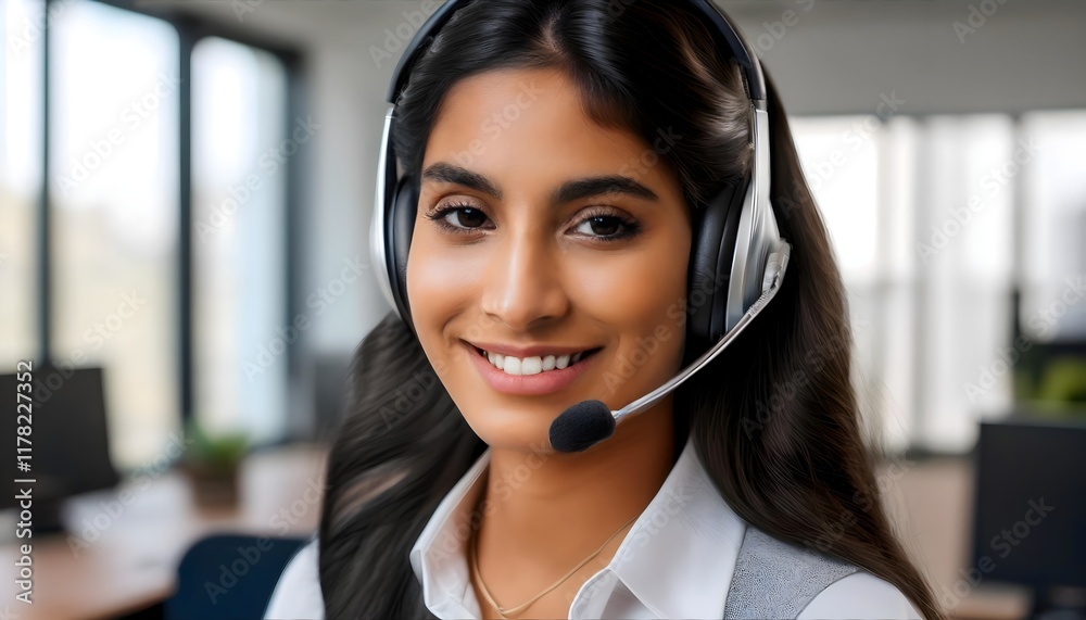 Smiling young Indian beautiful woman customer service worker wearing headset with a microphone. Diversity office concept Smiling young Indian beautiful woman customer service worker wearing headset with a microphone. Diversity office concept