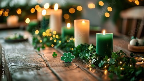 Rustic wooden table decorated with green candles and shamrocks glowing in warm light for st. patrick's day festive celebration concept photo