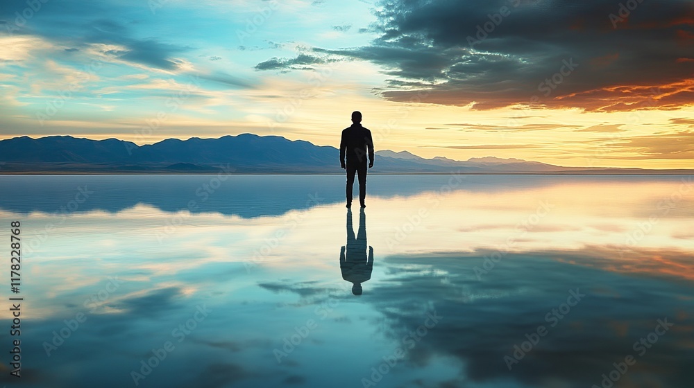 Awe-Inspiring Sunset Reflection Over Still Water with Silhouette Figure; A Captivating Mountain Landscape