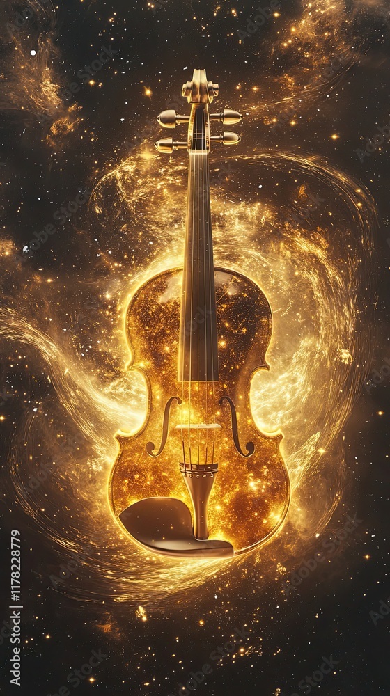Fototapeta premium Golden Violin Embraces Celestial Galaxy Dust