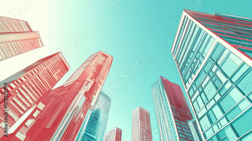 Abstract View of Modern Skyscrapers in Vibrant Colors and Styles