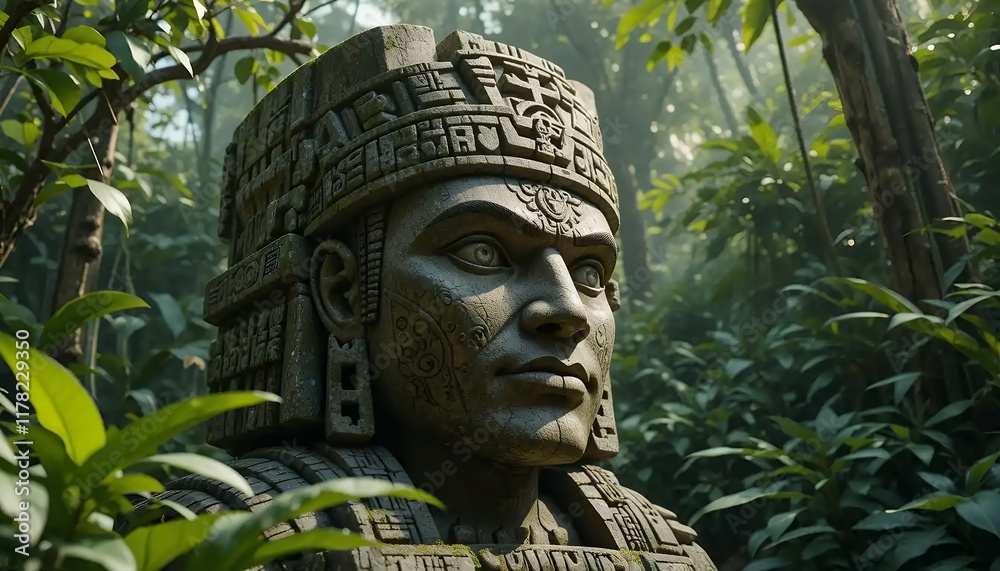 Obraz premium Ancient Mayan Stone Bust: Serene Jungle Majesty
