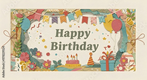 beautiful paper cutout art for birthday, happy birthday written, cakes and candles