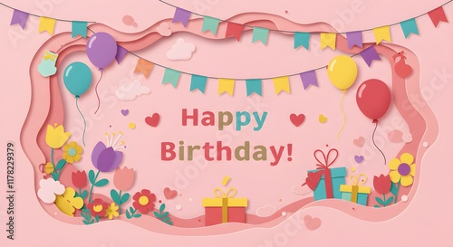 beautiful paper cutout art for birthday, happy birthday written, cakes and candles