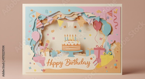 beautiful paper cutout art for birthday, happy birthday written, cakes and candles