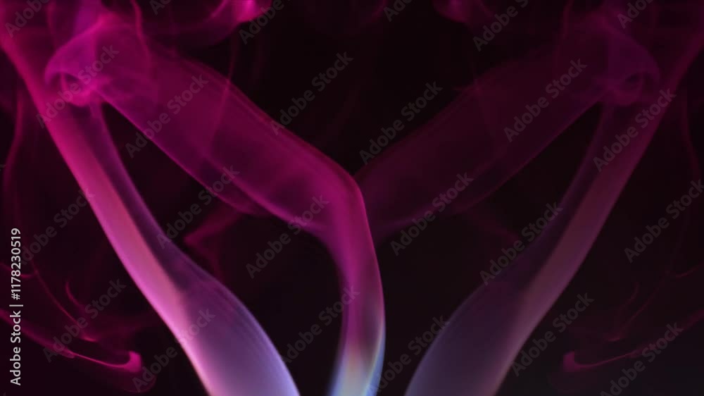 Smoky background in black and pink tones. Mirror reflection.Pink smoke on black background. Psychedelic patterns.Mystical atmosphere with fog and smoke. 4k footage
