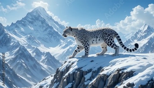Majestic Snow Leopard on Snowy Mountain Peak: A Serene Winter Landscape photo