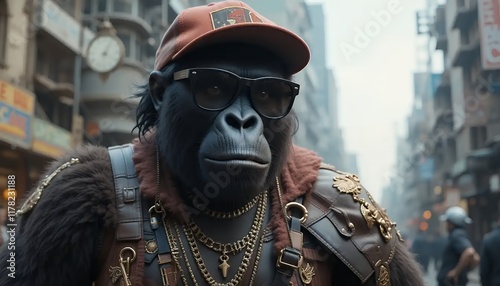 Stylish Gorilla in Urban Setting: A Streetwear Fashion Portrait photo