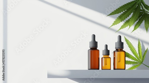 Wallpaper Mural Three glass bottles of oil on a shelf with cannabis leaves. Torontodigital.ca