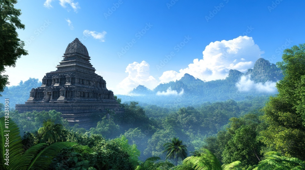 Ancient temple amidst lush mountains and clear blue skies. Ancient temple amidst lush mountains and clear blue skies.