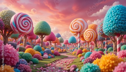 Whimsical Candy Land: A Sweet Sunset Path of Lollipop Trees
