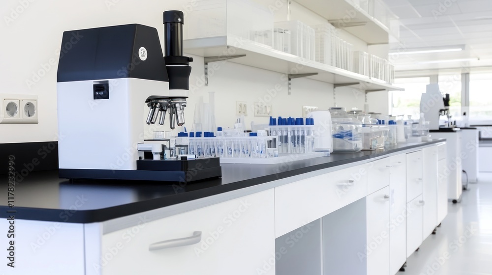 Laboratory workspace with a microscope and glassware for experiments. Laboratory workspace with a microscope and glassware for experiments.