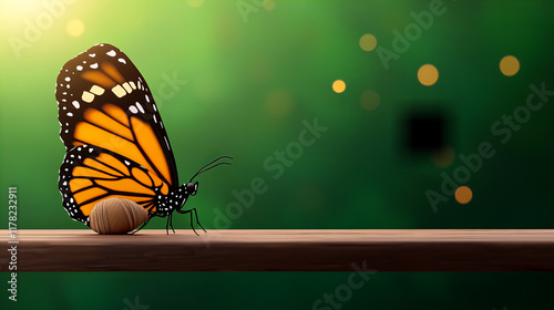 Butterfly with vibrant wings emerges from cocoon against a green background in soft natural light