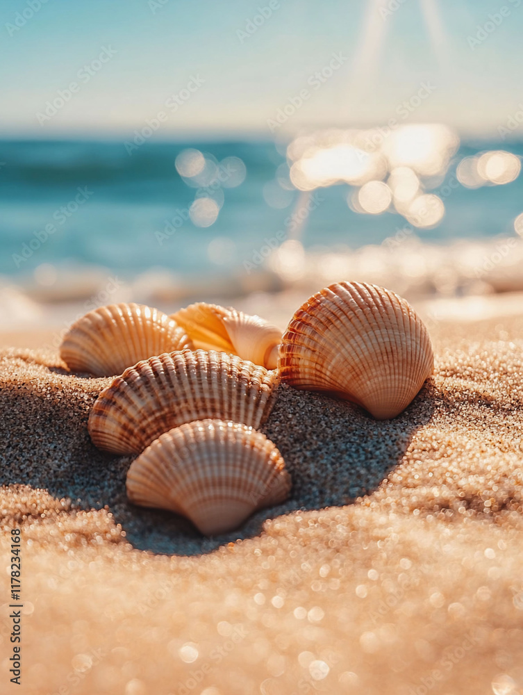 Seashells on sandy beach, ocean background. Seashells on sandy beach, ocean background.