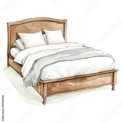 A watercolor of a king-size bed, isolated on a white background. King-size bed vector.
