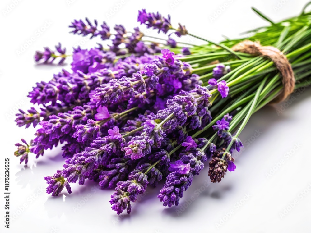 Naklejka premium Lavender Flowers Mockup: Fresh Purple Blooms on White Background, Copy Space, Food Photography
