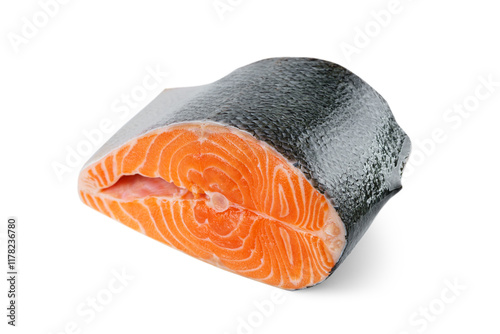 Fresh raw salmon or trout steak isolated on white, transparent background. Sliced fish meat fillet close up, seafood, heathy vegetarian food, cooking ingredient
