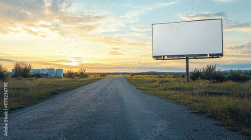 A blank billboard along a serene rural road, set against a backdrop of nature, presenting a perfect opportunity for nature-inspired advertising