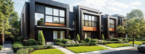 Wallpaper Mural Modern duplex house, black exterior, large windows, minimalist architecture, lush green lawn, mature trees, suburban setting, symmetrical design, clean lines, contemporary home, landscaped front yard, Torontodigital.ca