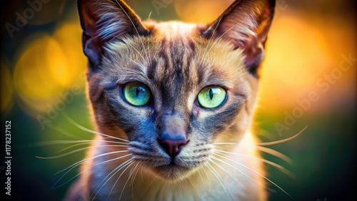 Long Exposure Thai Cat Portrait, Close-up Muzzle, Pressed Ears, Siamese Cat Photography