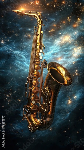 Wallpaper Mural Golden Saxophone Floating in a Cosmic Nebula Torontodigital.ca
