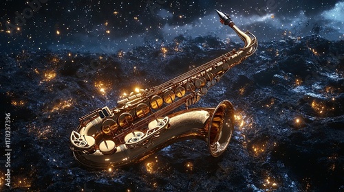 Wallpaper Mural Golden Saxophone Rests on a Dark Starry Surface Torontodigital.ca