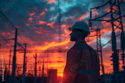 A lineman silhouetted against a brilliant orange sunset, working atop a utility pole. photo