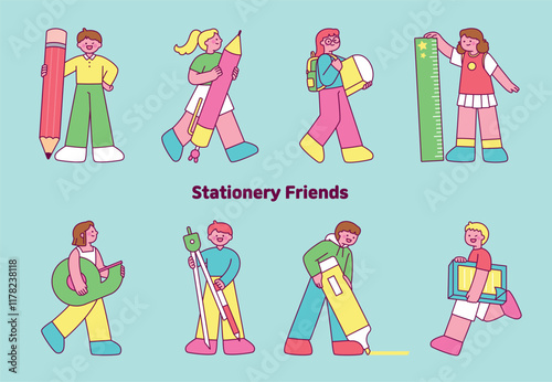 Cute students stand holding large school supplies. outline character vector illustration.