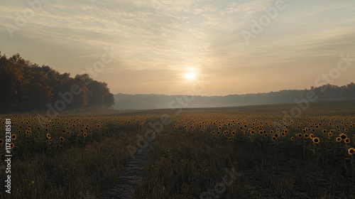 Wallpaper Mural Serene Sunrise Over a Sunflower Field with Misty Landscape Torontodigital.ca