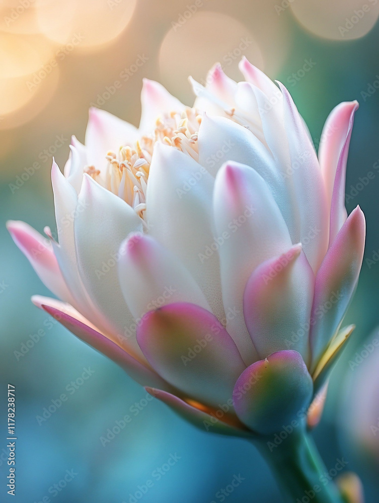 Fototapeta premium Close-up of a delicate white and pink flower with blurred background.