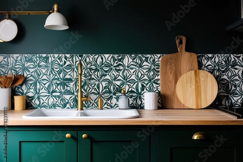 A bold kitchen with dark green cabinetry, brass fixtures, and a patterned tile backsplash photo