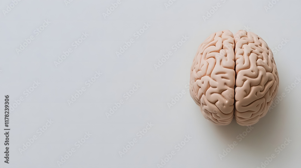 Obraz premium Close-up of a detailed human brain model with natural wrinkles and fading colors, representing the aging process, placed on a clean white background with ample space for text. Concept of neuroscience,