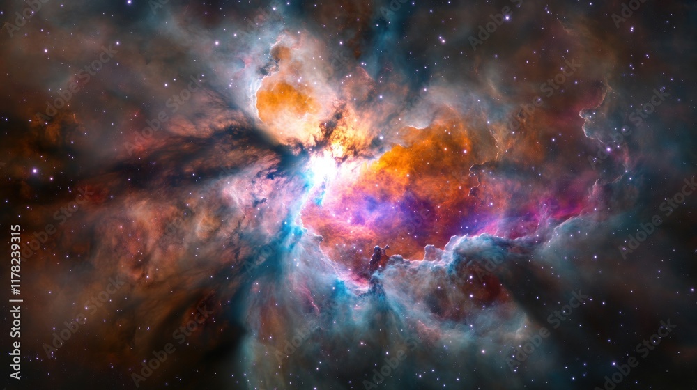 Fototapeta premium A vibrant nebula showcasing cosmic colors and stellar formations.