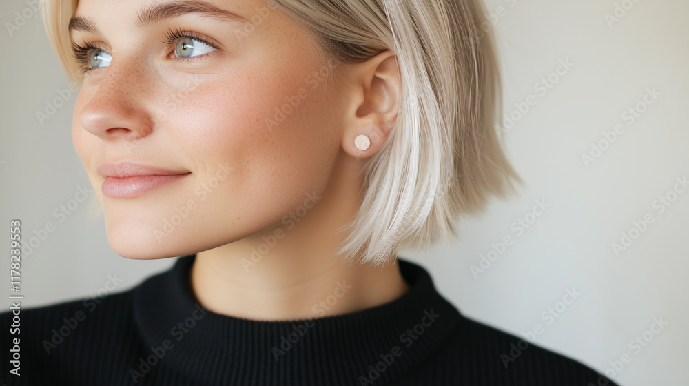 Confident young woman smiling softly while showcasing her stylish short hair and elegant earrings against a blurred neutral background. Confident young woman smiling softly while showcasing her stylish short hair and elegant earrings against a blurred neutral background.