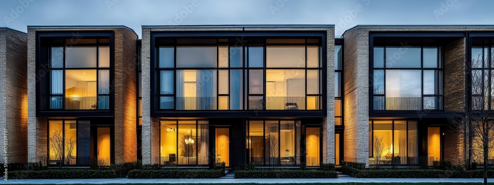 Modern townhouses, dark exterior, glass windows, glowing interior lights, dusk, minimalist architecture, symmetrical design, urban residential, contemporary facade, sleek lines, row houses, twilight a Modern townhouses, dark exterior, glass windows, glowing interior lights, dusk, minimalist architecture, symmetrical design, urban residential, contemporary facade, sleek lines, row houses, twilight a
