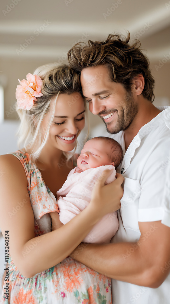 © Евгения Рубцова - Joyful young couple embraces their newborn child in a natural and loving moment