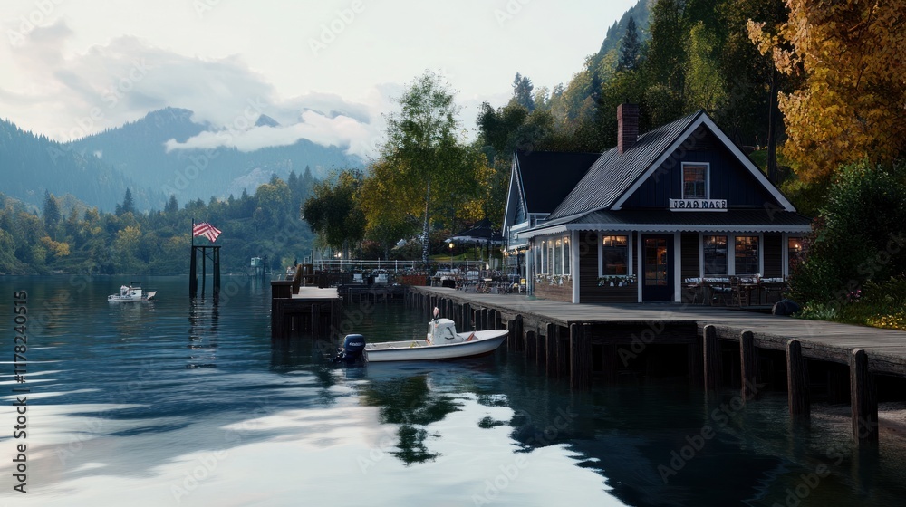Fototapeta premium Scenic lakeside view with a dock, boat, and charming restaurant.