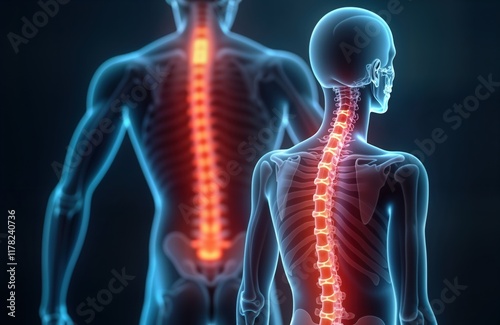 3D medical illustration human spine with highlighted inflammation injury area. Rear view anatomy. Detailed anatomical model. Potential applications include medical education, healthcare marketing