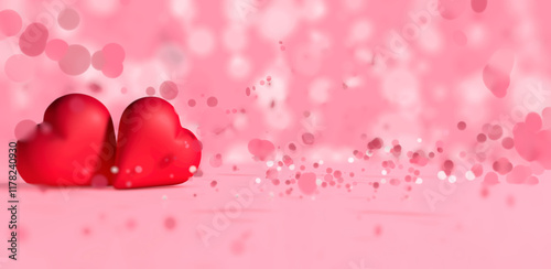 Two red hearts against pink blurred background for Valentine's Day