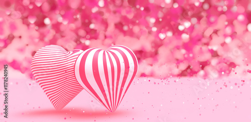 Two hearts with white and red stripes against pink blurred background for Valentine's Day