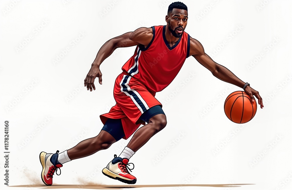 Fototapeta premium African American male basketball player in dynamic action. Athlete in red jersey, shorts dribbles ball. Full-length illustration isolated against white background. Sporty, energetic image for sports
