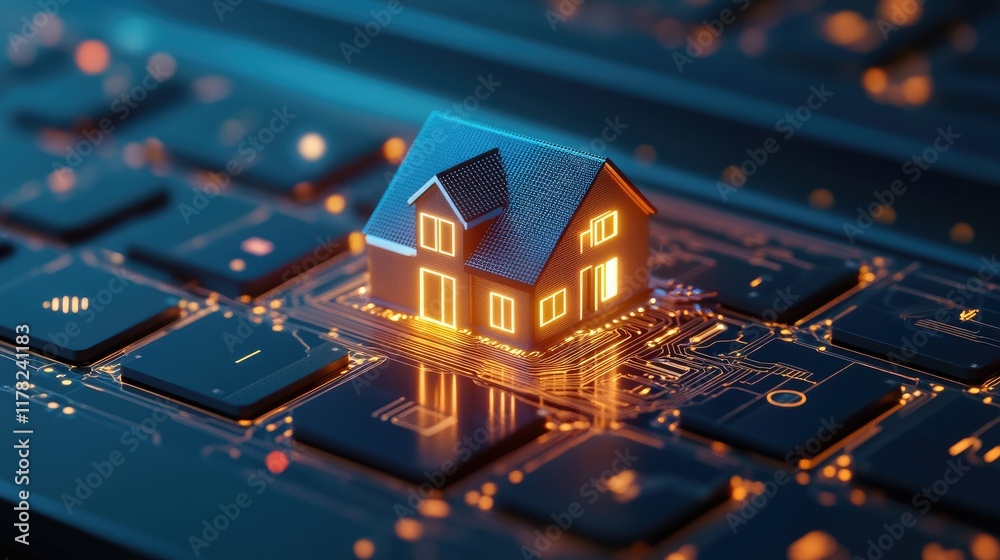 Obraz premium A futuristic digital concept of a home network, with a miniature house resting on a circuit board keyboard, symbolizing the future of smart homes and technology integration