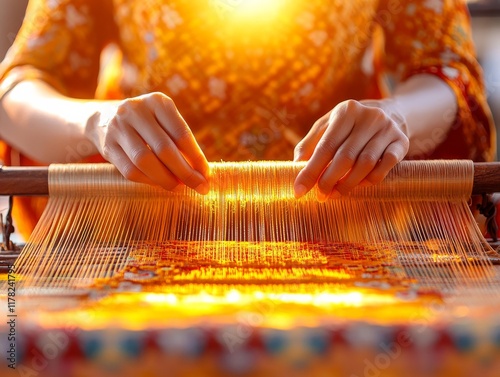 Golden Hour Weaving: Hands skillfully weaving intricate threads on a traditional loom, bathed in the warm glow of sunset. A testament to craftsmanship and artistry. 