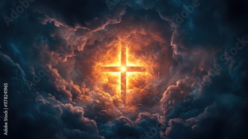 A glowing cross surrounded by a mystical sky, with dark clouds and light beams converging to form a spiritual and mysterious vortex above photo