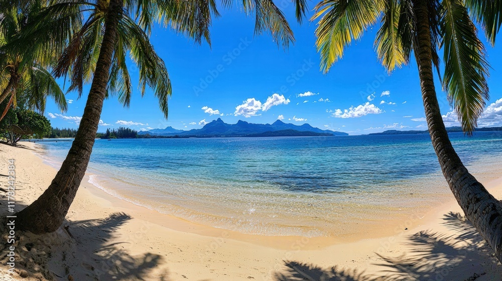 Obraz premium A breathtaking beach scene with palm trees framing the view of crystal-clear waters and a bright blue sky