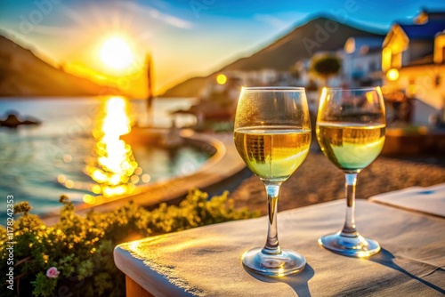 Sikinos Greece White Wine Tilt-Shift Photography - Chilled Wine Glasses, Bokeh Background photo