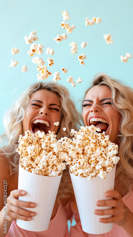 Friends enjoy a fun moment laughing and tossing popcorn at each other during a cheerful gathering Friends enjoy a fun moment laughing and tossing popcorn at each other during a cheerful gathering