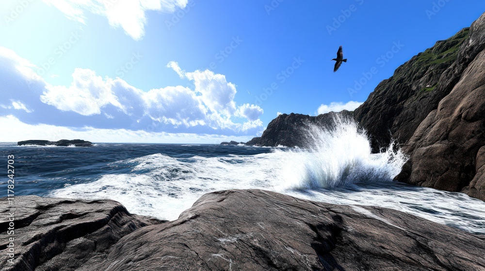 Fototapeta premium Scenic coastal view with waves crashing against rocky shore.