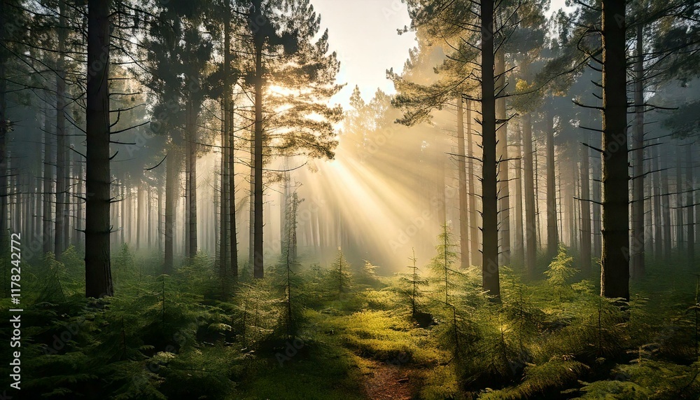 morning in a dense pine forest with rays of sunlight piercing morning in a dense pine forest with rays of sunlight piercing